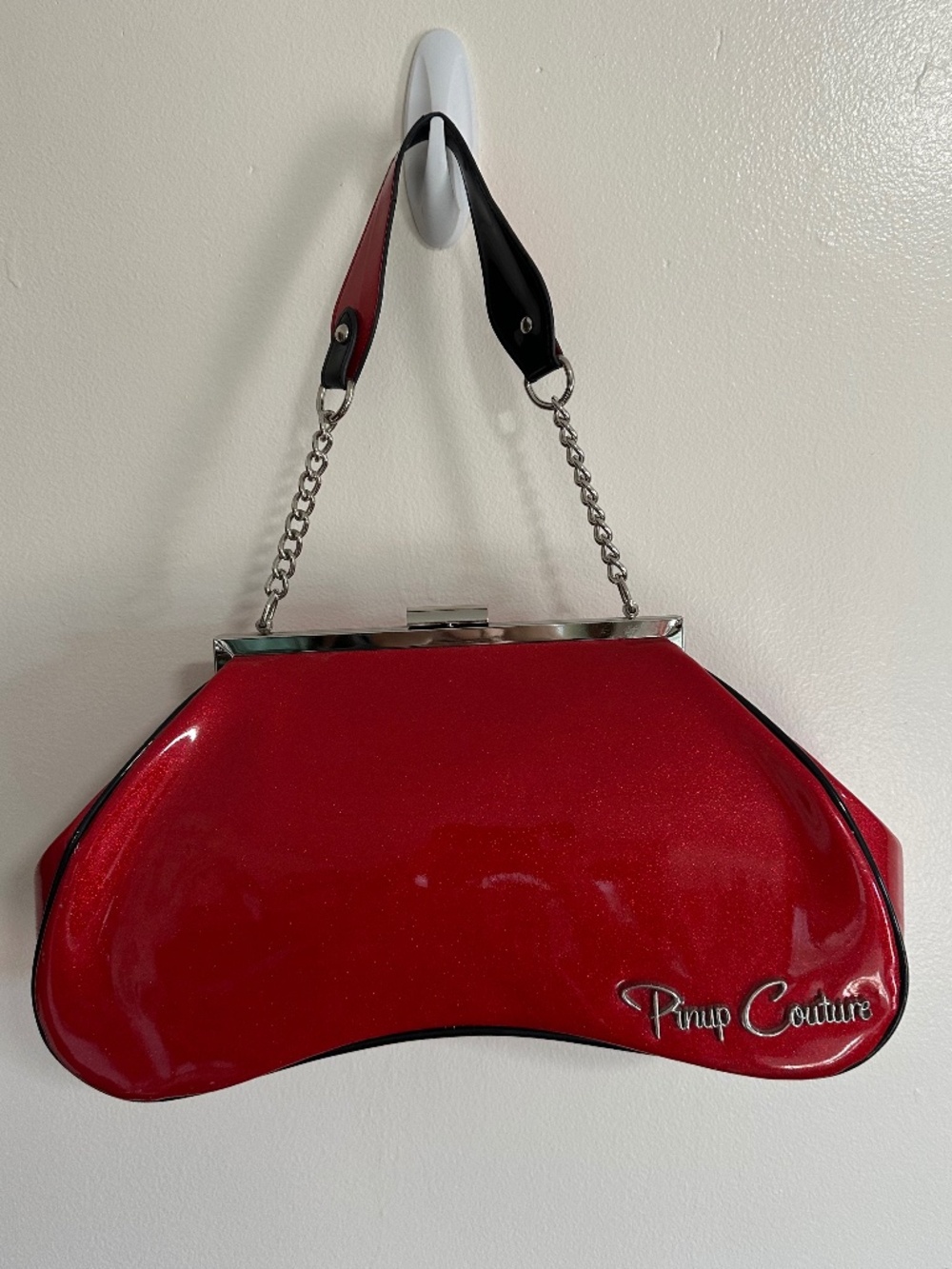 Pinup Couture Red Glittery Hardshell Patent Shoulder Bag 14 1/2" W X 8" L X 5" D